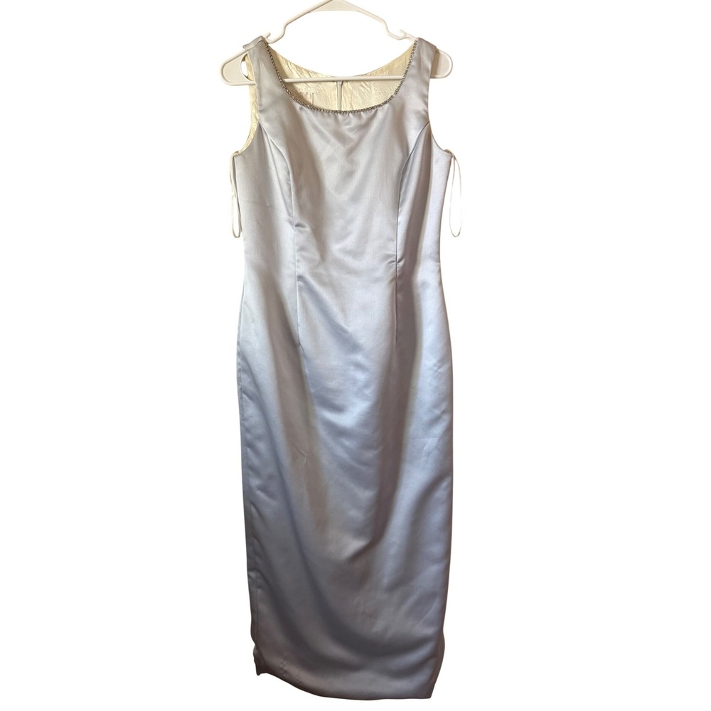 VTG Scott McClintock Icy Gray Satin Rhinestone Maxi Dress 90s Gown Size 10 *Flaw